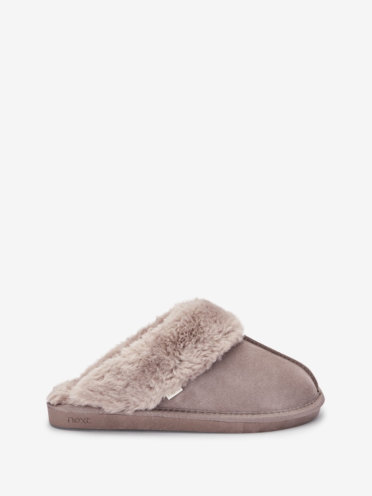 Beige Suede Faux Fur Lined Mule Slippers - Image 1 of 4
