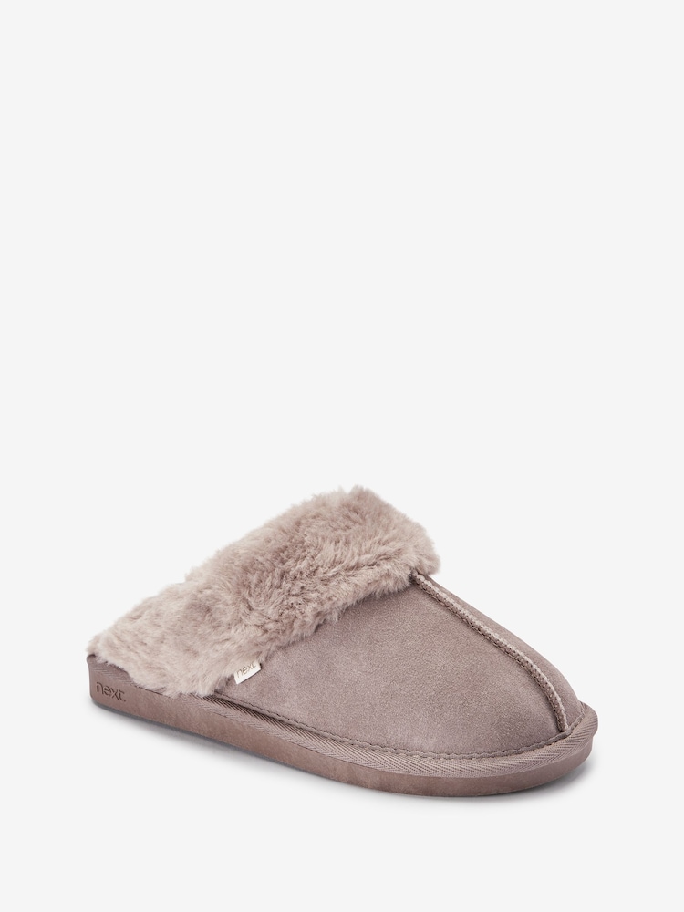 Beige Suede Faux Fur Lined Mule Slippers - Image 2 of 4