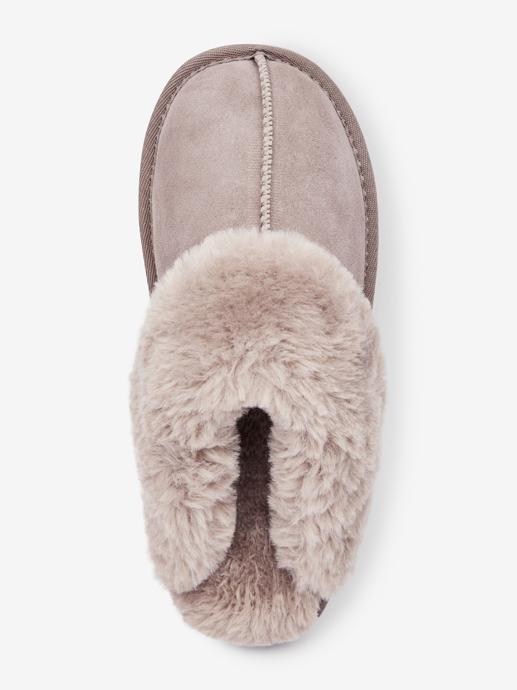Beige Suede Faux Fur Lined Mule Slippers - Image 3 of 4