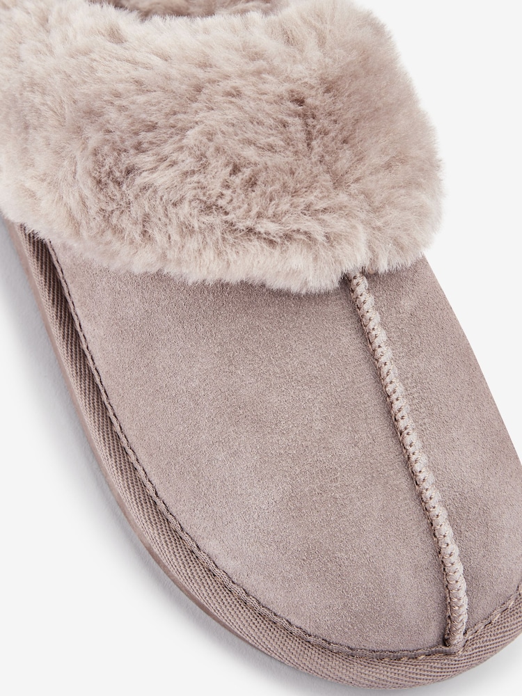 Beige Suede Faux Fur Lined Mule Slippers - Image 4 of 4