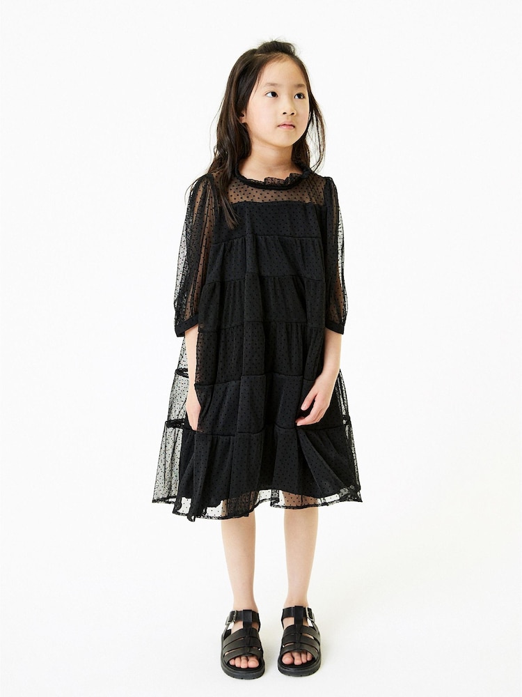 Black Tiered Mesh Dress (3-16yrs) - Image 1 of 4 Black Tiered Mesh Dress (3-16yrs) - Image 1 of 4