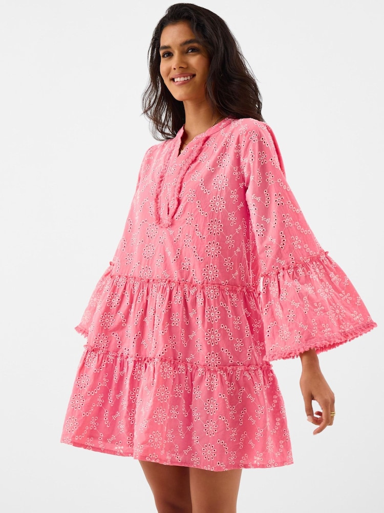 Accessorize Pink Broderie Flute Sleeve Mini Dress - Image 1 of 4 Accessorize Pink Broderie Flute Sleeve Mini Dress - Image 1 of 4