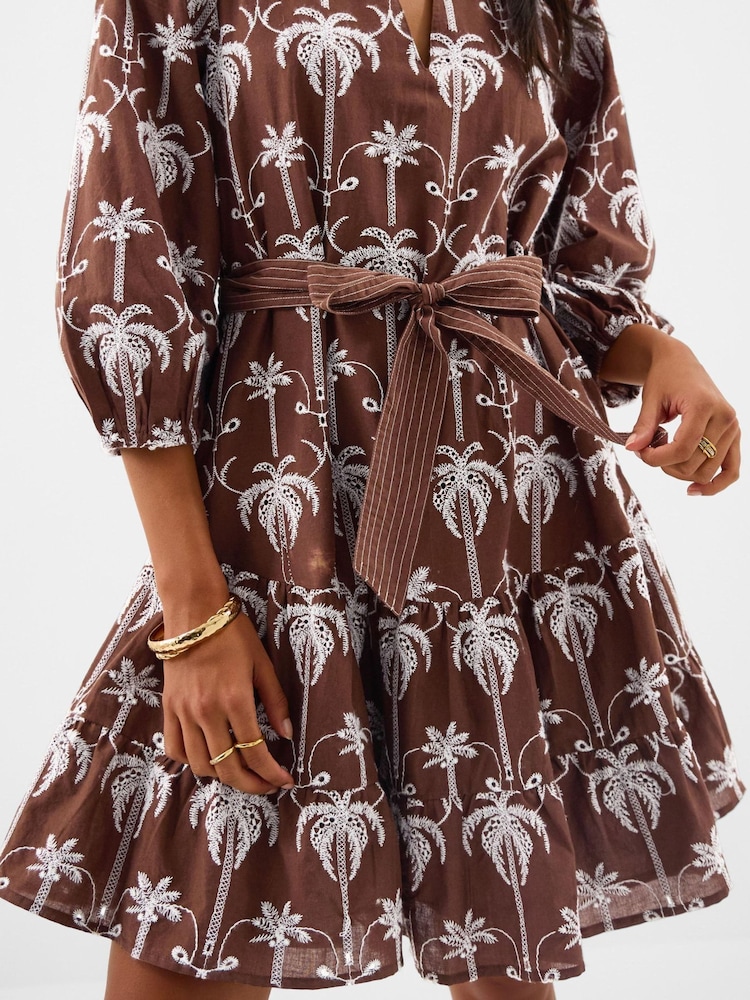 Accessorize Brown Palm Embroidered Mini Dress - Image 2 of 4 Accessorize Brown Palm Embroidered Mini Dress - Image 2 of 4