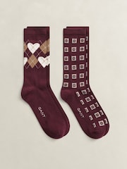 GANT Red Soft Cotton Heart Argyle Socks 2 Pack - Image 1 of 1