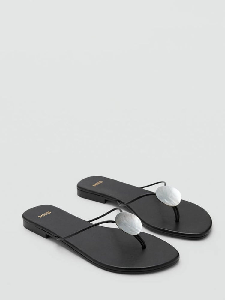 Mango Black Leather Metallic Detail Open Toe Sandals - Image 2 of 4