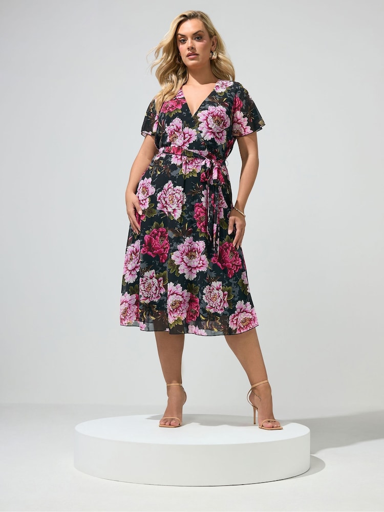 Yours Curve Black London Floral Wrap Dress - Image 1 of 6