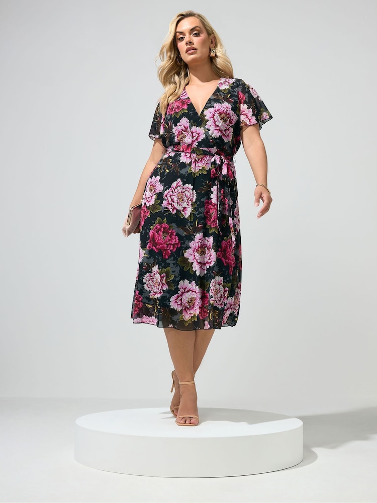 Yours Curve Black London Floral Wrap Dress - Image 2 of 6