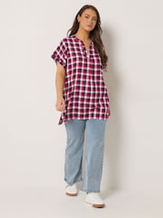 Yours Curve Red Check Overhead Half Placket Shirt - Image 2 of 5
