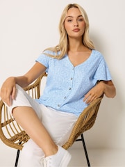 M&Co Blue Floral Print Cotton Frill Sleeve Shirt - Image 1 of 5