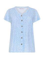 M&Co Blue Floral Print Cotton Frill Sleeve Shirt - Image 5 of 5