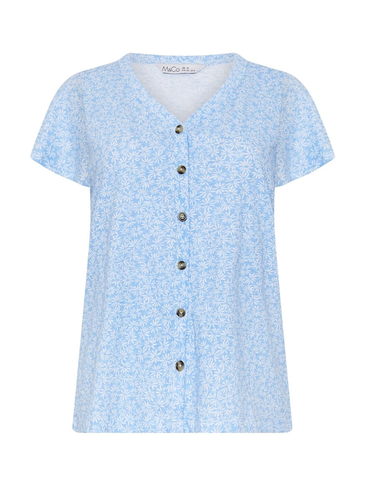 M&Co Blue Floral Print Cotton Frill Sleeve Shirt - Image 5 of 5