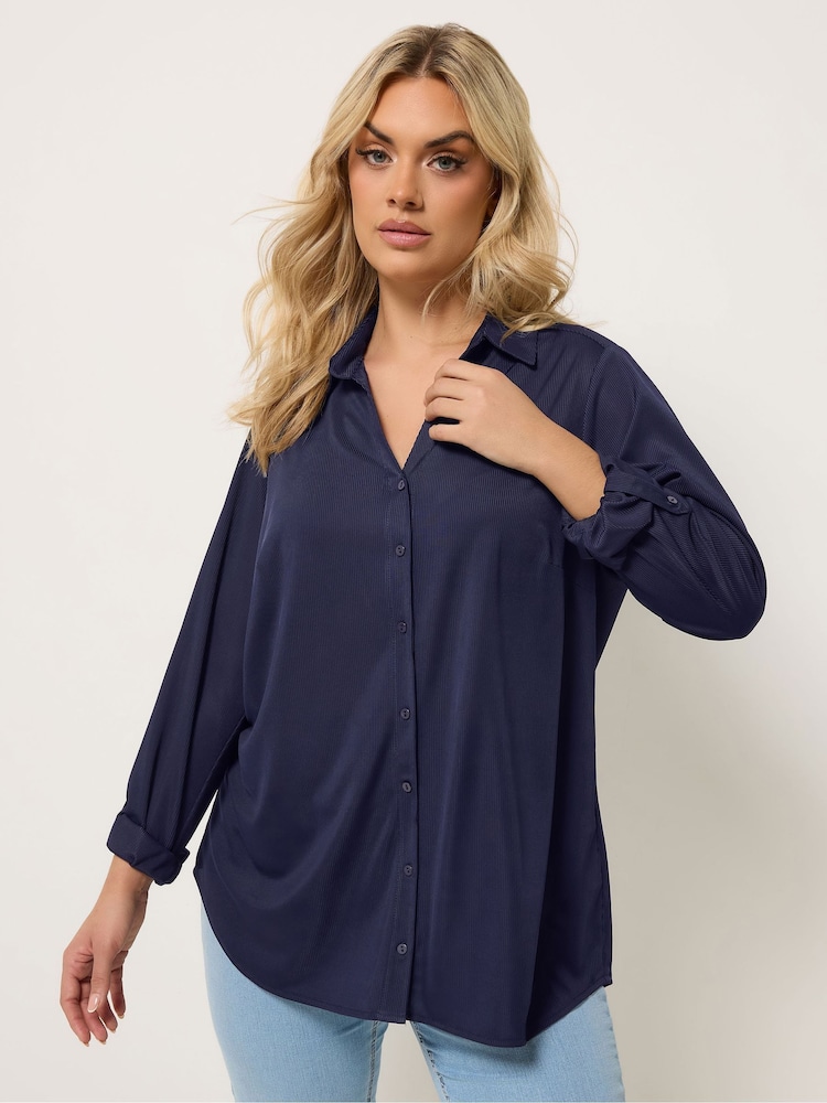 Yours Curve Blue Ribbed Shirt - Image 1 of 5 Yours Curve Blue Ribbed Shirt - Image 1 of 5