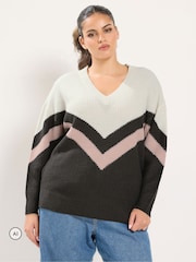 Yours Curve Brown V Neck Colourblock Jumper - Image 1 of 6