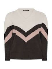 Yours Curve Brown V Neck Colourblock Jumper - Image 5 of 6
