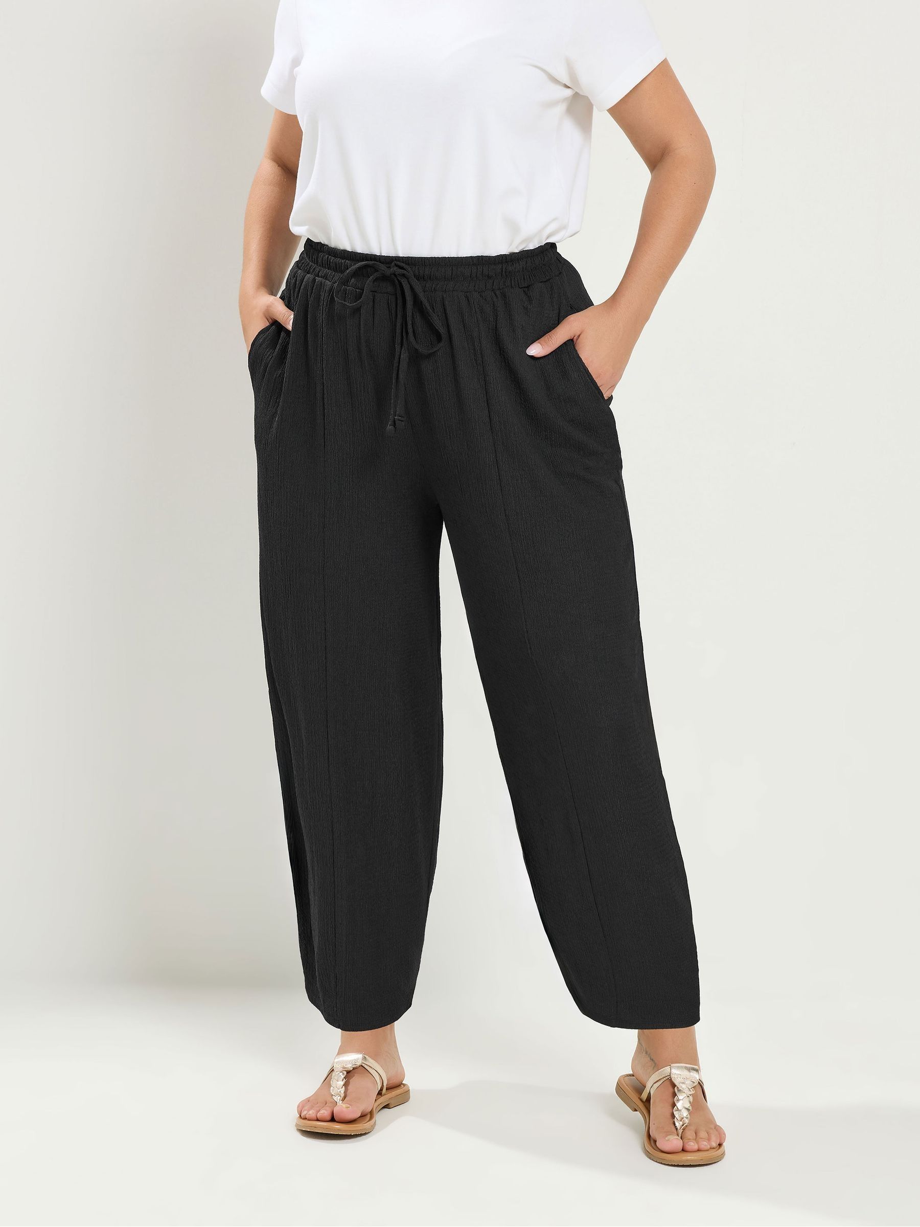 Yours Women's Black Crinkle Barrel Trousers In | Size: 30-32 - Image 2