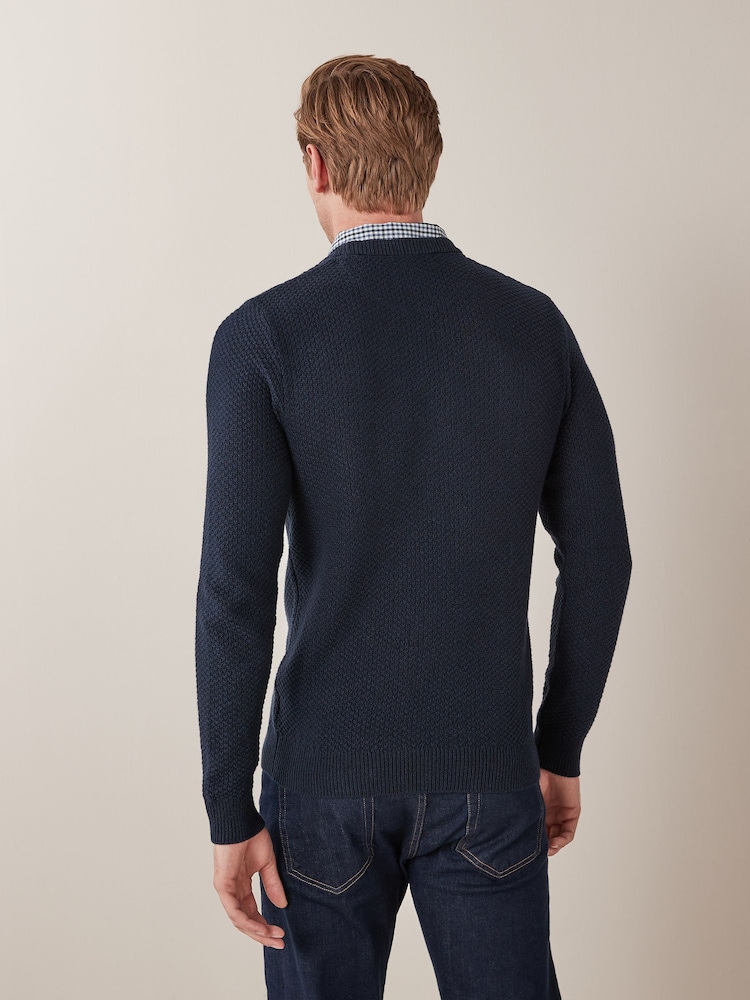 Navy Blue Cable Regular Mock Shirt Knitted Crew Jumper - Image 1 of 3