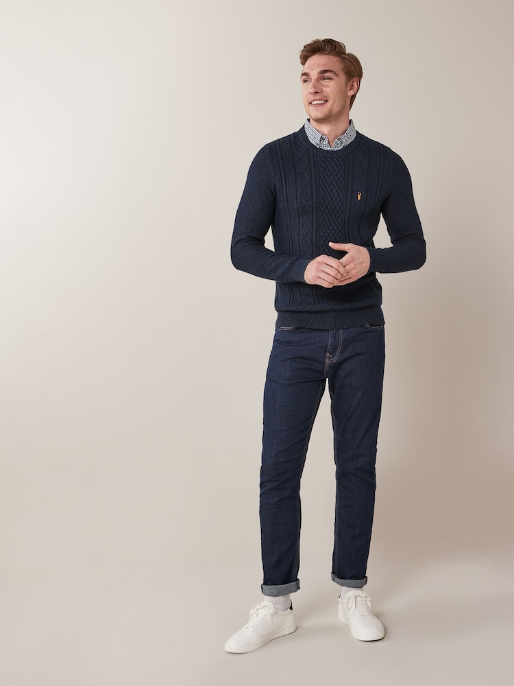 Navy Blue Cable Regular Mock Shirt Knitted Crew Jumper - Image 2 of 3