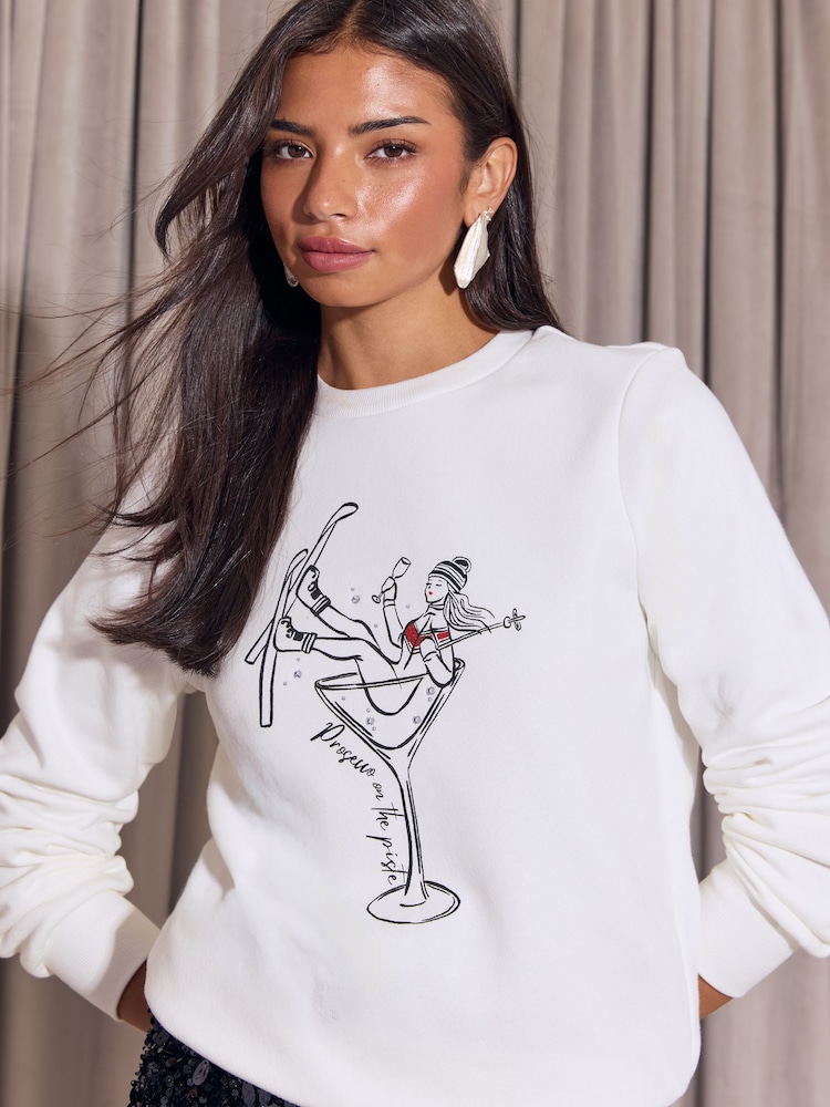 Lipsy White Prosecco On The Piste Christmas Crew Neck Sweatshirt - Image 2 of 4