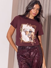 Lipsy Burgundy Red Sleeping Dog Christmas Embellished Crew Neck T-Shirt - Image 1 of 4