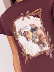 Lipsy Burgundy Red Sleeping Dog Christmas Embellished Crew Neck T-Shirt - Image 2 of 4