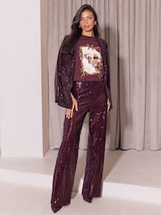 Lipsy Burgundy Red Sleeping Dog Christmas Embellished Crew Neck T-Shirt - Image 3 of 4