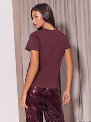 Lipsy Burgundy Red Sleeping Dog Christmas Embellished Crew Neck T-Shirt - Image 4 of 4