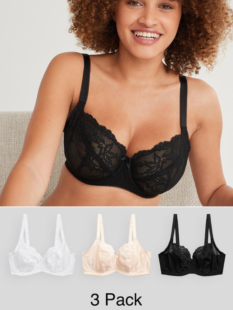 Black/White/Praline Nude Non Pad Balcony DD+ Lace Bras 3 Pack - Image 1 of 7