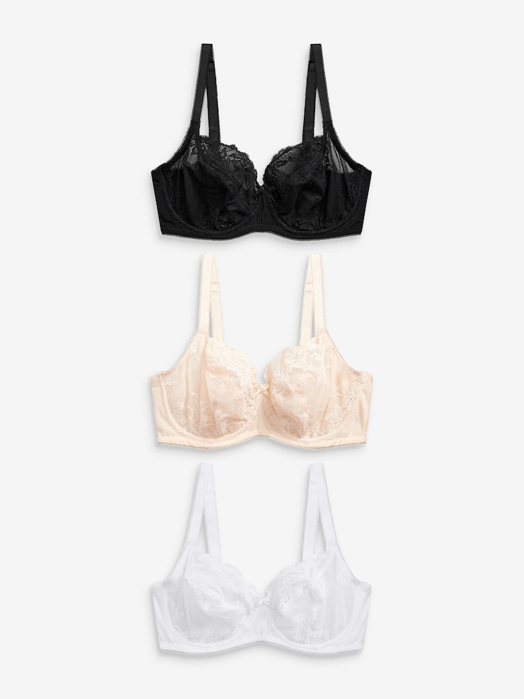 Black/White/Praline Nude Non Pad Balcony DD+ Lace Bras 3 Pack - Image 4 of 7
