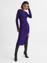 Reiss Purple Charley Ruched Midi Dress - Image 1 of 6