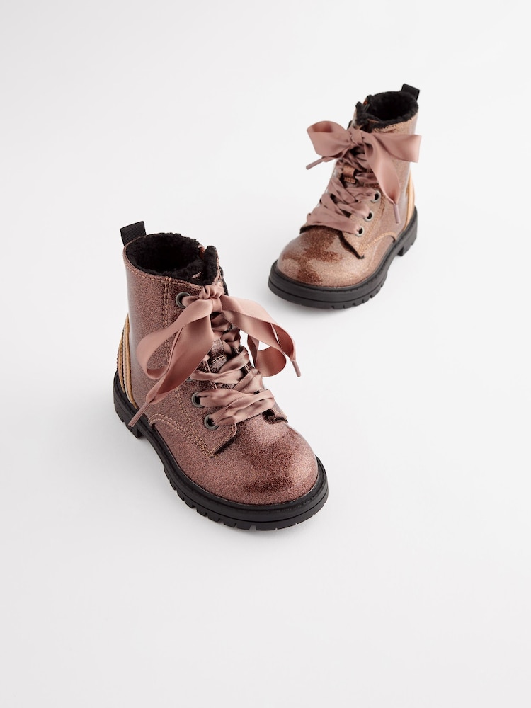Rose Gold Pink Wide Fit (G) Warm Lined Lace-Up Boots - Image 1 of 7