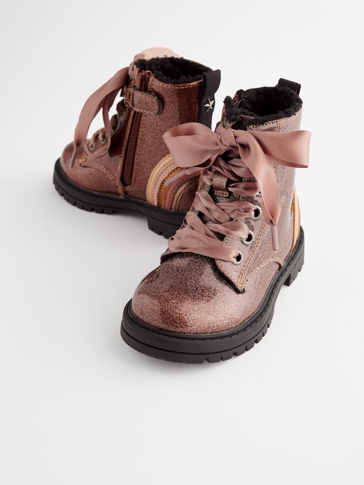Rose Gold Pink Wide Fit (G) Warm Lined Lace-Up Boots - Image 2 of 7