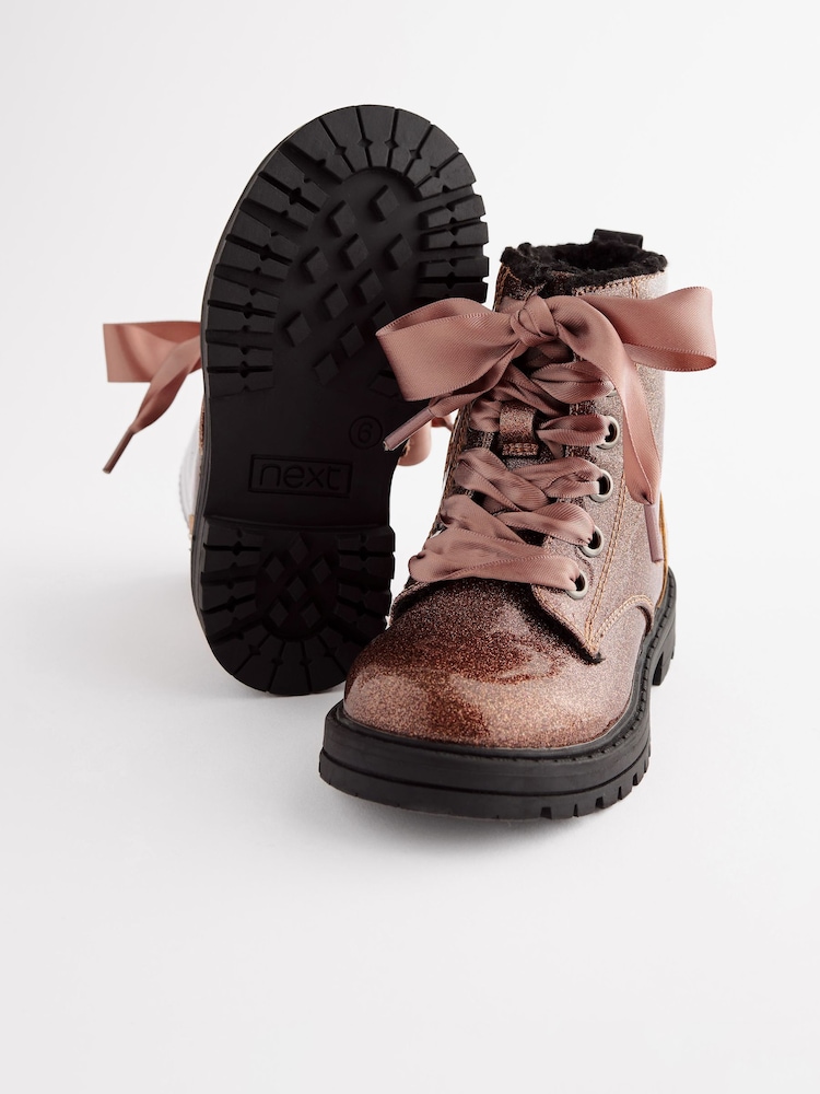 Rose Gold Pink Wide Fit (G) Warm Lined Lace-Up Boots - Image 3 of 7