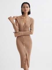 Reiss Camel Avery Rib-Knitted Midi Dress - Image 6 of 7