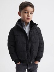 Reiss Black Frost Junior Faux Fur Trim Puffer Jacket - Image 1 of 7