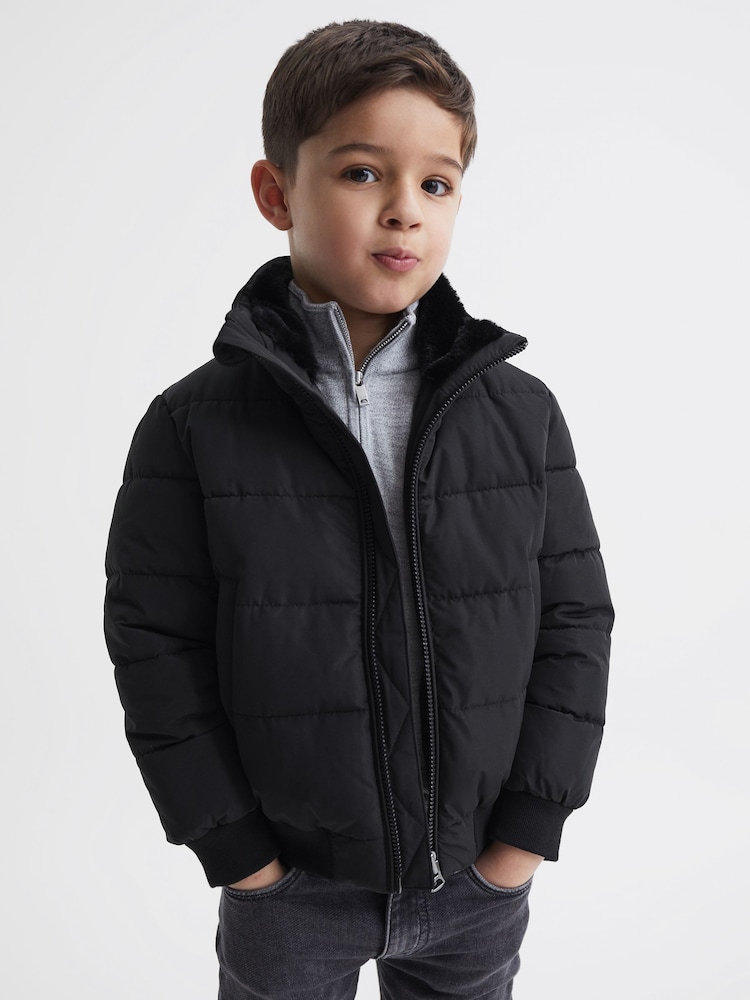 Reiss Black Frost Junior Faux Fur Trim Puffer Jacket - Image 1 of 7