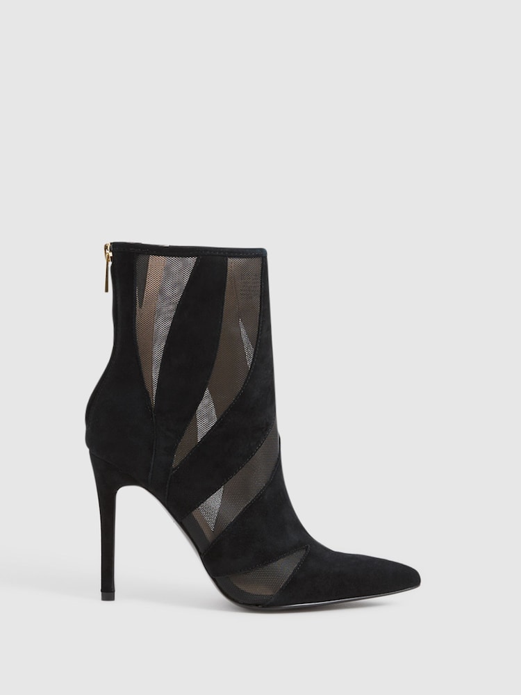 Reiss Black Dahlia Suede Sheer Heeled Ankle Boots - Image 1 of 6