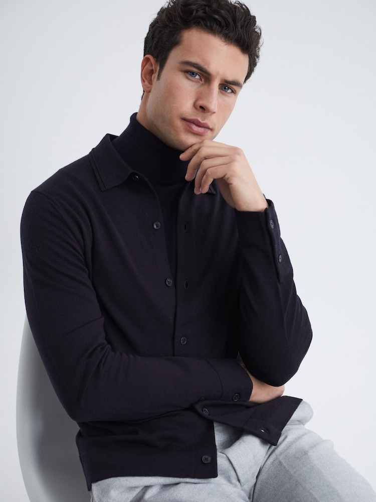Reiss Navy Forbes Merino Wool Button-Through Cardigan - Image 1 of 8