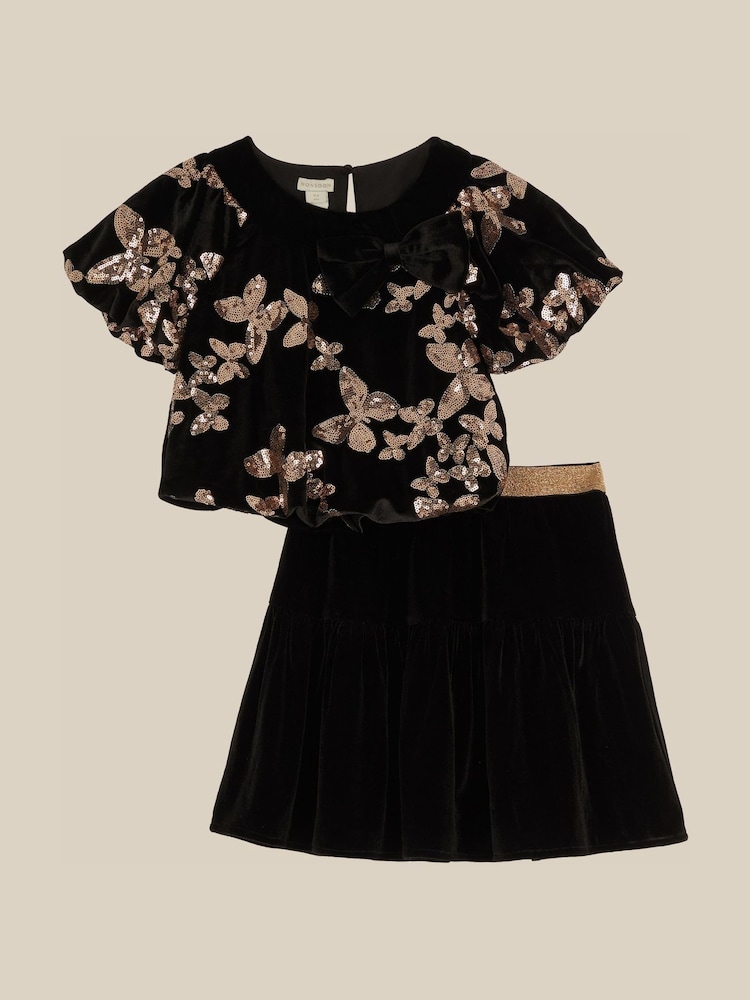 Monsoon Black Sequin Butterfly Velvet Top & Skirt Set - Image 1 of 2 Monsoon Black Sequin Butterfly Velvet Top & Skirt Set - Image 1 of 2