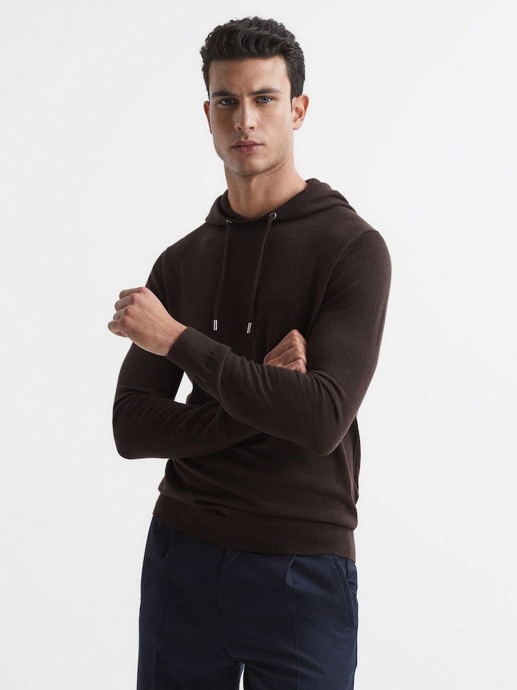 Reiss Bitter Chocolate Holland Merino Wool Hoodie - Image 1 of 7