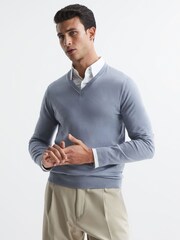 Reiss Dove Blue Earl Merino Wool V-Neck Jumper - Image 1 of 6