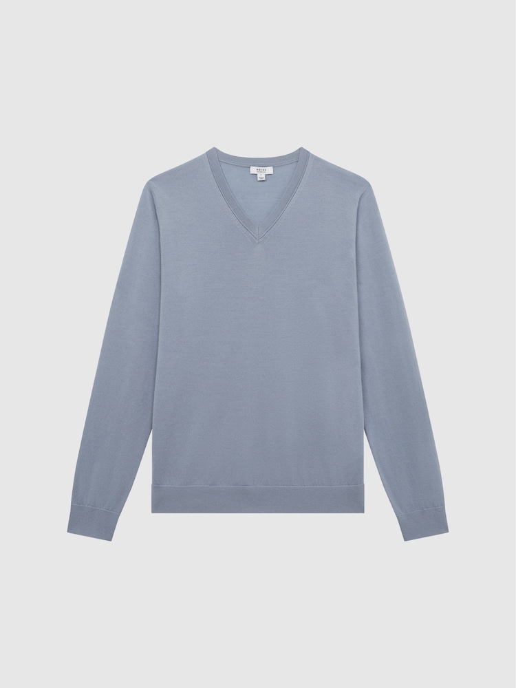 Reiss Dove Blue Earl Merino Wool V-Neck Jumper - Image 2 of 6
