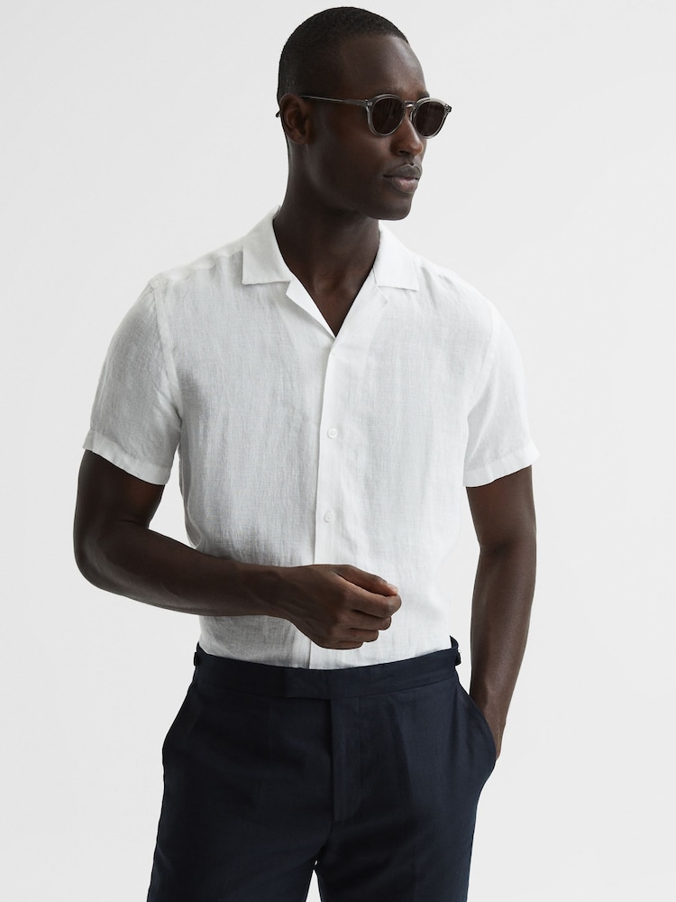Reiss White Rufus Linen Cuban Collar Shirt - Image 1 of 6