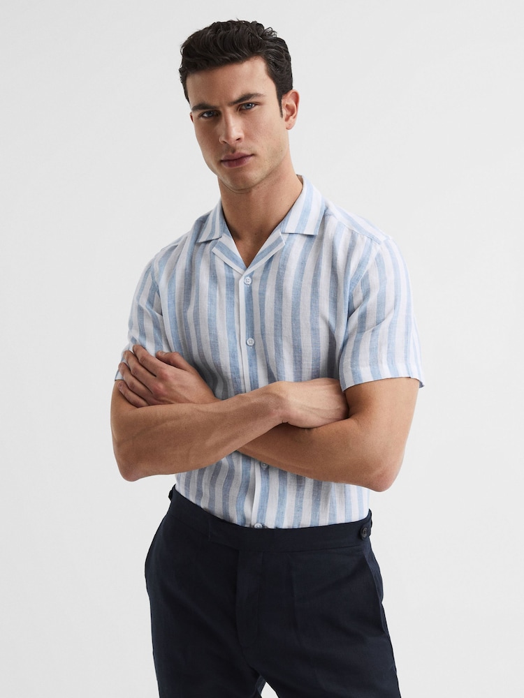 Reiss Soft Blue Stripe Rufus Linen Cuban Collar Shirt - Image 1 of 7 Reiss Soft Blue Stripe Rufus Linen Cuban Collar Shirt - Image 1 of 7