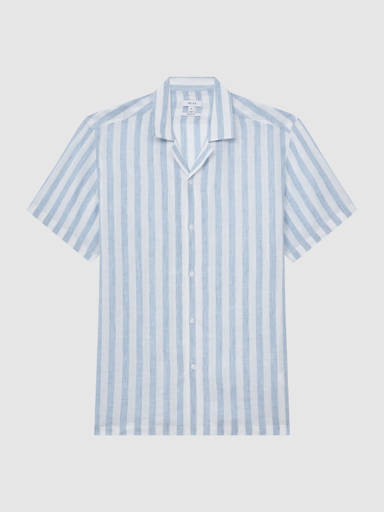 Reiss Soft Blue Stripe Rufus Linen Cuban Collar Shirt - Image 2 of 7 Reiss Soft Blue Stripe Rufus Linen Cuban Collar Shirt - Image 2 of 7