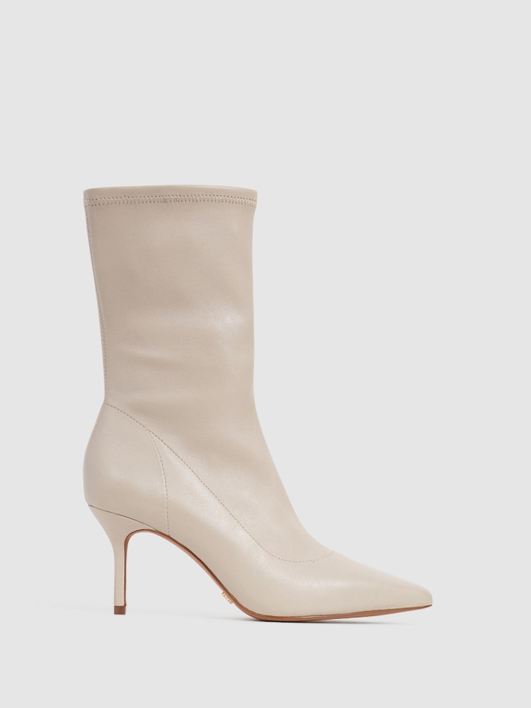 Reiss Stone Caley Pointed Kitten Heel Leather Boots - Image 1 of 6
