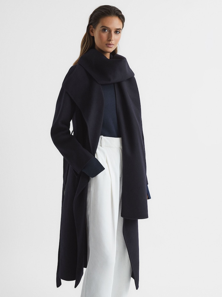 Reiss Navy Valentina Wool Scarf Blindseam Longline Coat - Image 1 of 8