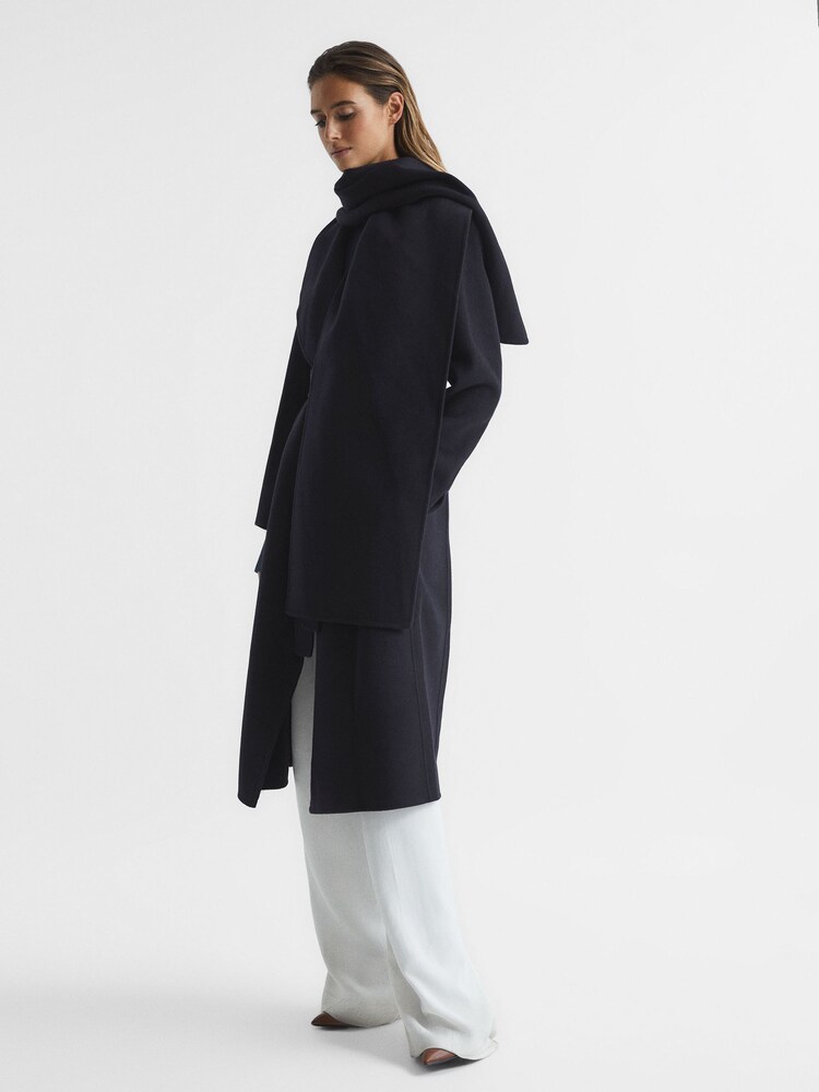 Reiss Navy Valentina Wool Scarf Blindseam Longline Coat - Image 8 of 8