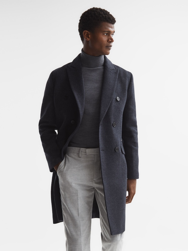 Reiss Airforce Blue Melange Reflection Double Breasted Long Wool Overcoat - Image 1 of 8