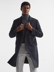 Reiss Airforce Blue Melange Reflection Double Breasted Long Wool Overcoat - Image 6 of 8
