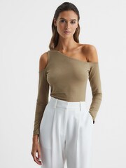 Reiss Khaki Rosie Asymmetric Off Shoulder Top - Image 1 of 6